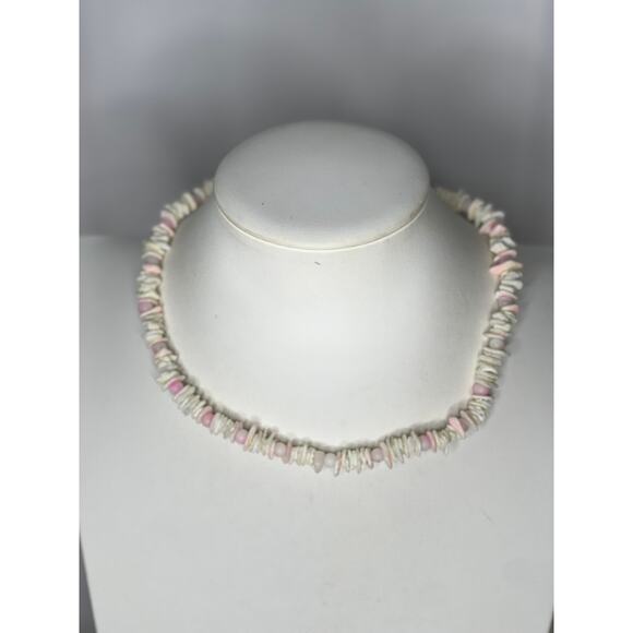 white shell necklace beach vacation costume jewelry puca pucka w pink beads - Picture 1 of 8